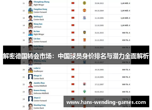 解密德国转会市场：中国球员身价排名与潜力全面解析